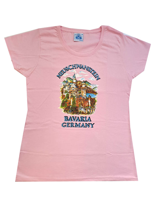 T-Shirt Kurzarm Kinder und Damen Rosa Schloss Neuschwanstein - Castle Neuschwanstein und Bavaria