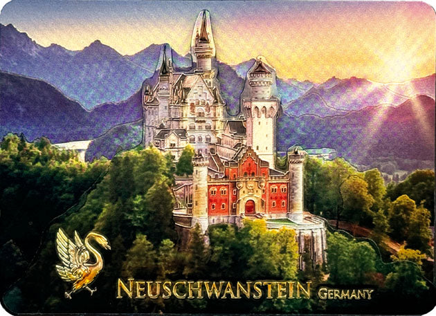 Magnet 3D Souvenir Schloss Neuschwanstein – Metallischer Druck mit Sonnenschein