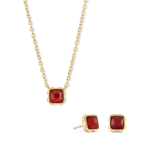 Coeur de Lion (Januar) Birthstone-Schmuckset mit Red Agate – Verstellbare Halskette & Ohrringe